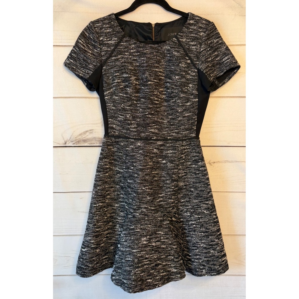 J.Crew Black White Tweed Fit Flare Dress Short Sleeve Contrast Panel Size 8